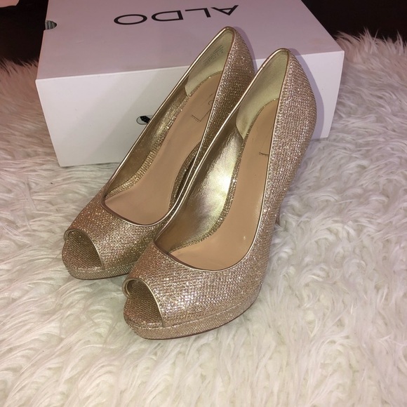 ALDO Raeann Gold Glitter Leather Peep Toe Platform Heels 6.5 - Picture 2 of 8
